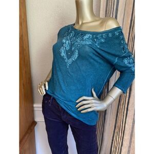 EUC Free People Teal Embroidered Lightweight Tee Top S